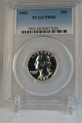 PR68 1963 SILVER WASHINGTON QUARTER PCGS GRADED 25C PROOF RARE UNC. COIN PR 68 - Image 1 of 4