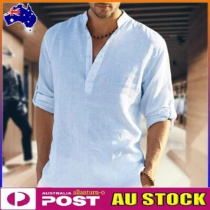 Mens Cotton Long Sleeve Shirt Solid Loose Blouse Button Down Tops T Shirt - Picture 1 of 31