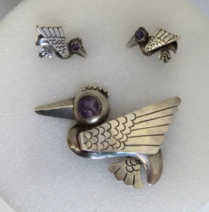 Broche de Pájaro México Plata Principios de 1940 con Pendientes de Tornillo Estilo Azteca - Imagen 1 de 12