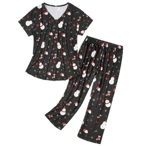 Women Summer Pajamas Soft Sleepwear Top with Capri Pants Ladies Short?leeve C... - Picture 1 of 7