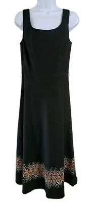 Vtg Linen Blend Boho Sleeveless Midi Dress Sz 6 Black Orange Atzec Southwestern - Image 1 of 4