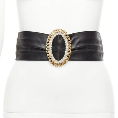 ALESSANDRA RICH rhinestone crystal gold chain oval buckle black leather belt S - Image 1 of 4