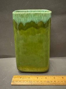 MCM RECTANGULAR POTTERY VASE AVOCADO GREEN DRIP GLAZE 1950'S - Picture 1 of 7