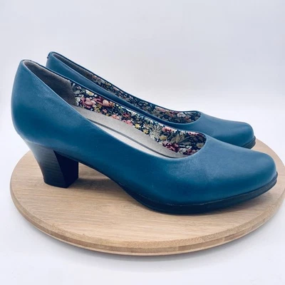 Zapatos de salón cómodos sin cordones de cuero azul minimalistas Hotter Heels 10 para mujer Foto 1 de 4