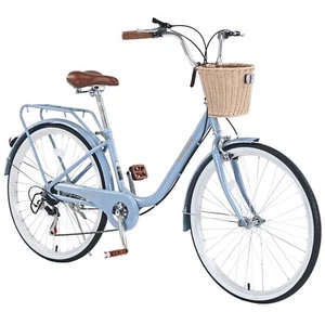 7-Speed Girls City Bike with Basket, Steel Frame, 26-Inch, Blue - Picture 1 of 5