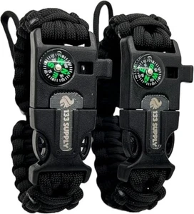 133 SUPPLY 2 PK Survival Paracord Bracelet Compass Hiking Whistle Fire Starter - Picture 1 of 9