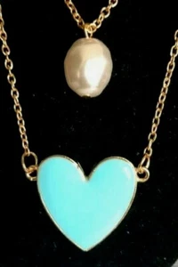Boho Fashion Jewelry Solid Heart Blue Enamel / Faux Pearl Gold Chain Set - Picture 1 of 11