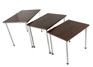 set of 3 Modernist Nesting Stacking Coffee Side Tables Brown Veneer Chrome Legs - Picture 1 of 8