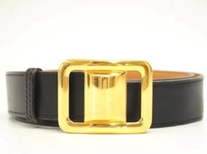 HERMES Leather Belt Black Gold Buckle Made in France D794 - Picture 1 of 9