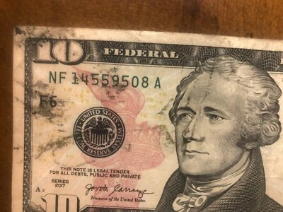 2017 $10 Dollar Federal Reserve Note **Mayor** Ink Smear Error Obverse & Revers* - Image 1 of 4