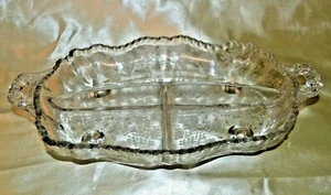 Cambridge Glass Rosepoint Etched Handled Serving Dish Footed Divided 12" Long - Picture 1 of 7