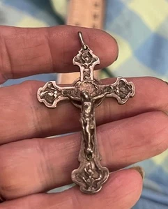 Antiker französischer Anhänger Kreuz 2" Kruzifix Halskette Sterlingsilber Rosenkranz - Bild 1 von 9