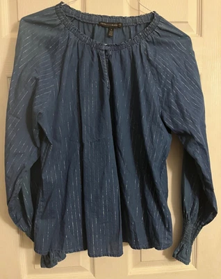 White House Black Market Blue w Metallic Threads LS Pull Over Blouse Top Large - Image 1 of 4