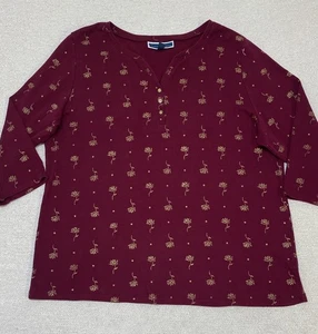 Karen Scott Shirt Women’s 2X V-Neck Button 3/4 Sleeve Maroon Graphic Print - Picture 1 of 8