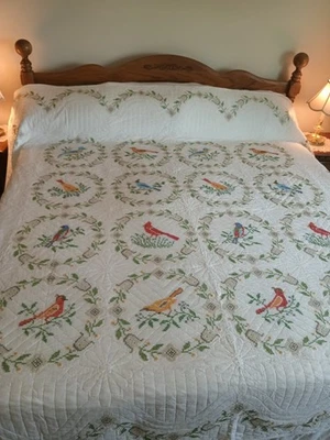 Large Vintage Hand Quilted Hand Embroidered Bucilla Song Birds Quilt - 94" x 94" - Image 1 of 4