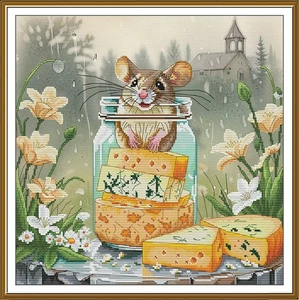 DIY Tinted canvas cross stitch kit "Gourmet" Mouse Craft Art Unique Gift - Picture 1 of 1