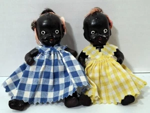 PAIR of Vintage Bisque 4.25" Baby Girl Dolls in Check Dresses - Picture 1 of 7