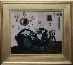 EDWARDIAN OIL PAINTING SCOTTISH INTERIOR SITTING ROOM 1911 ART GILT FRAME - Picture 1 of 9