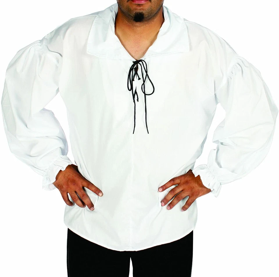 Camisa Pirata/Cavalier Blanca Ojal y Cordones Cuello Frontal Manga Completa Camisa  Foto 1 de 1