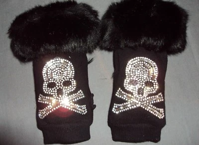 Guantes calavera diamantes de imitación cristal brillante sin dedos texto negro imitación piel Foto 1 de 4
