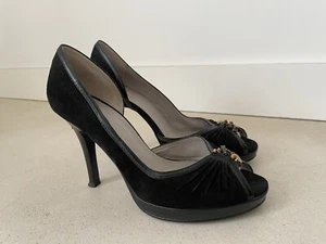 OFFICE Black Suede, Leather trim peep toe 1940s style stiletto shoes UK 5 EU 38 - Picture 1 of 6