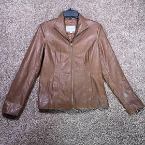 Cole Haan Moto Lederjacke Damen XS Hickory gefüttert Flügelkragen Langarm - Bild 1 von 9