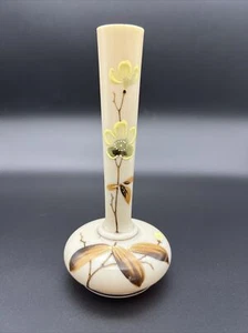Antique Hand Painted Enamel Flowers Tan Opaque Glass 6 1/2” Vase - Picture 1 of 15