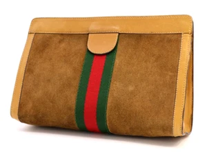 Gucci Vintage Bag Sherry Suede Leather Clutch Handbag Purse Camel - Authentic - Picture 1 of 19