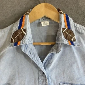 Vtg Women Chambray Shirt Large Orange Blue Removable Football Appliqué Collar UF - Picture 1 of 11