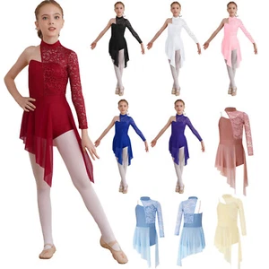 Girl Single Long Sleeved Lace Patchwork Lyrical Dance Dress Modern Dance Costume - Picture 1 of 57