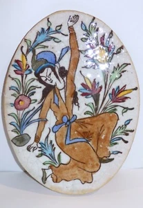 Beautiful Antique 19th Cent. Persian Iznik Qajar Dancing Woman Oval Pottery Tile - Picture 1 of 13
