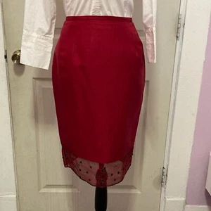 Pursuits Ltd Elegant Red Silk Pencil Skirt with Sequined Sheer Hem Size 6P - Picture 1 of 11