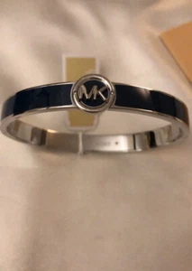 Michael Kors Silver Tone Stainless Steel Bangle Navy Blue Enamel MK Logo NWT Box - Picture 1 of 15