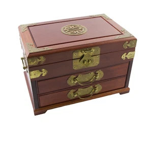 Large Chinese Rosewood & Brass 2 Drawer Flip Top Jewelry Box Longevity Symbol - Picture 1 of 18