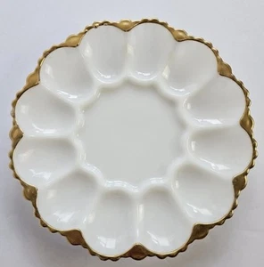 Anchor Hocking 1950s Fire King Milk Glass Deviled Egg Plate Dish 22K Gold Trim - Picture 1 of 4