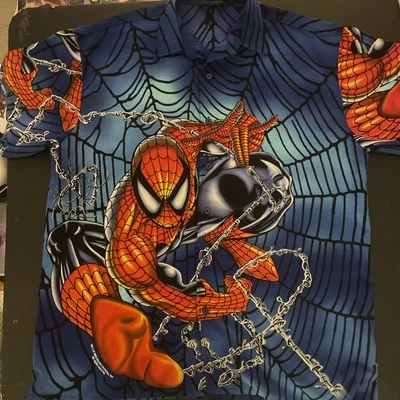 Spider-man Button Up Silk Shirt Men (XL) Blue Graphic All Over Print Y2K Changes - Image 1 of 4