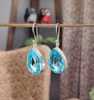 Swiss Blue Topaz Gemstone 925 Sterling Silver Jewelry Earrings Size-1.3" - Image 1 of 4