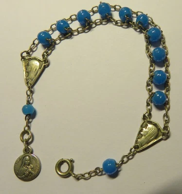 DIZAINIER ancien PERLES VERRE BLEU MAILLE MÉDAILLES ARGENT ste Thérèse COMMUNION - Photo 1/2