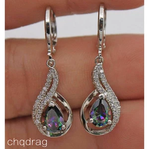 18K White Gold Filled - MYSTICAL Rainbow Topaz Hollow Waterdrop Women Earrings - Picture 1 of 3
