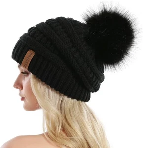 QUEENFUR Damen Strick Slouchy Beanie Grobstrick Baggy Mütze mit Kunstfell A2 - Schwarz  - Bild 1 von 6
