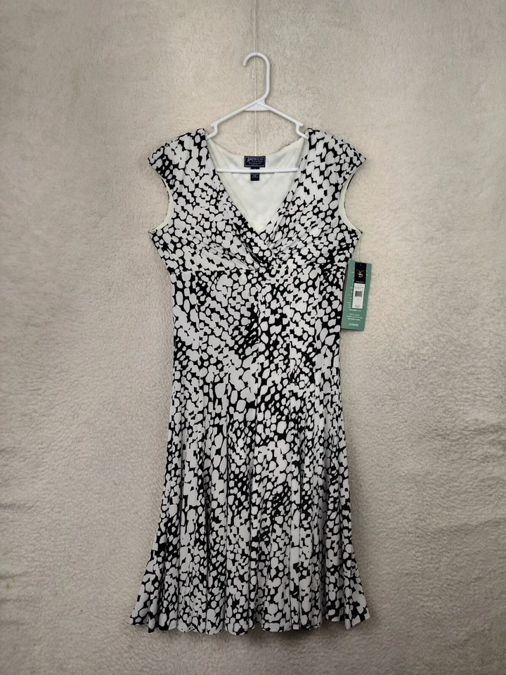 American Living Women Dress 8 White Print PolyBlend Short Sleeve Ruffle Knee Fit - Image 1 of 4