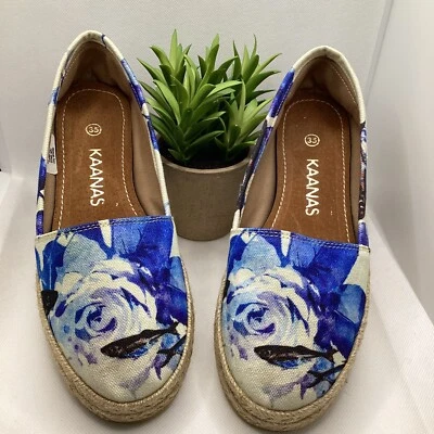 Alpargatas para mujer KAANAS florales azules/blancas suela de yute talla 5 EE. UU. UE 35 BOHO Foto 1 de 4
