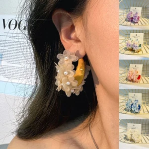 Pendientes de aro con cuentas de flores en forma de C bohemio hechos a mano exagerados regalo - Imagen 1 de 40