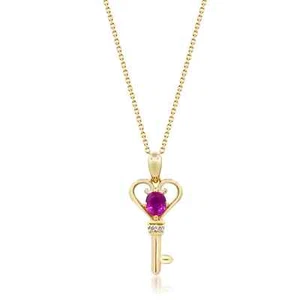 Without Chain Natural Oval Cut Ruby and Diamonds 14K Yellow Gold Key Pendant - Picture 1 of 3
