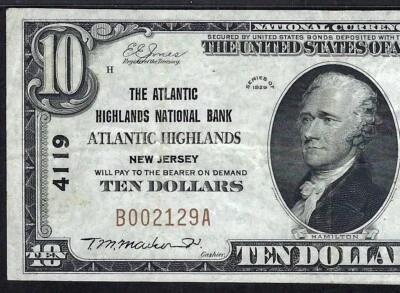 🇺🇸 NJ  1929 $10 ♚♚ATLANTIC HIGHLANDS, NEW JERSEY♚♚  PMG VERY FINE 30  SCARCE!! - Image 1 of 3