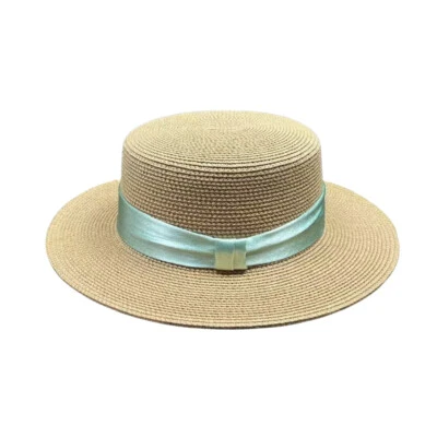 Sombrero de paja de cinta satinada de parte superior plana para mujer ala ancha verano playa exterior gorra para sol Foto 1 de 4