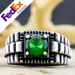 925 Sterling Silver Turkish Handmade Emerald Watch Design Men's Ring All Sizes - Picture 1 of 10