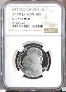 1957 CZECHOSLOVAKIA SILVER 10 KORUN BISHOP KOMENSKY NGC PF 67 CAMEO GEM PROOF - Picture 1 of 3