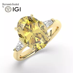 Oval Solitaire 14K Yellow Gold Vivid Yellow Trilogy Ring, 4.50ct Labgrown IGI - Picture 1 of 17
