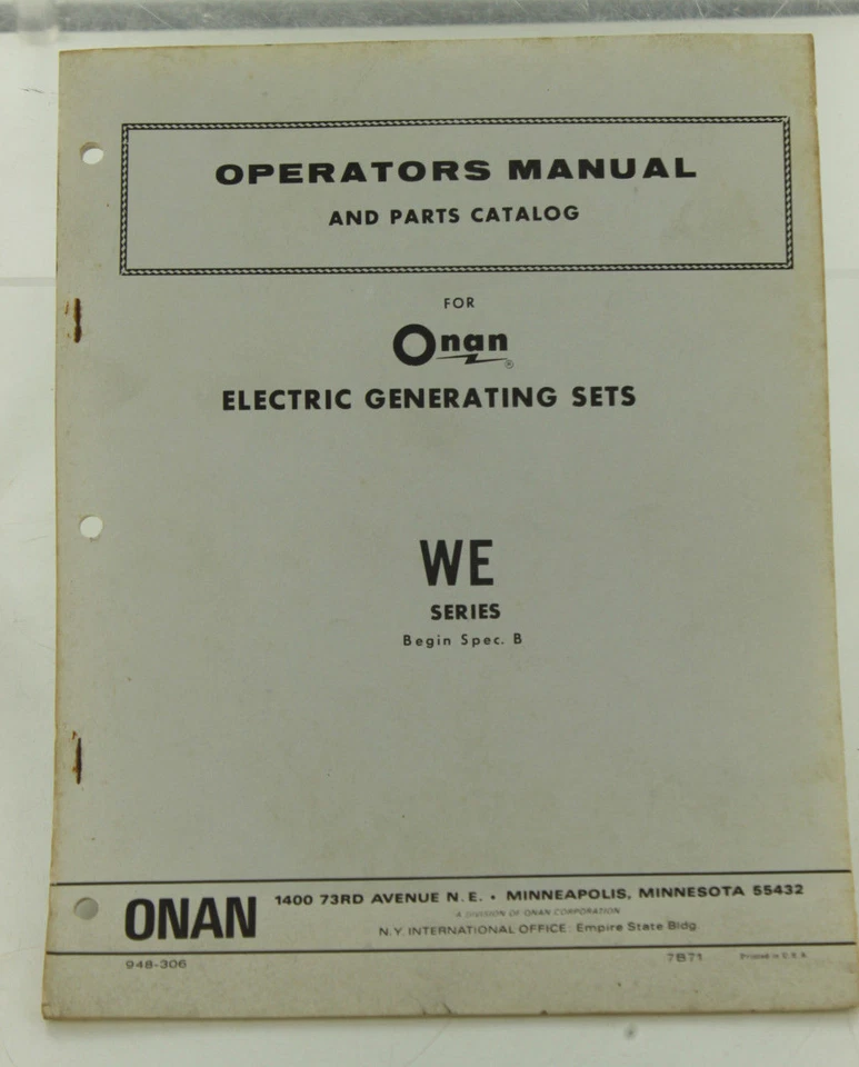 Vintage ONAN WE Series Generator GenSet Operators Manual & Parts Catalog - Image 1 of 1